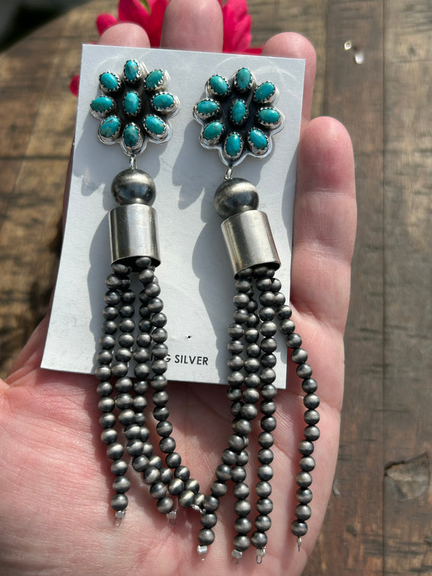 Kingman Cluster and Pearl Tassel Earrings