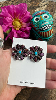 Purple Spiny and Kingman Turquoise Cluster Earrings