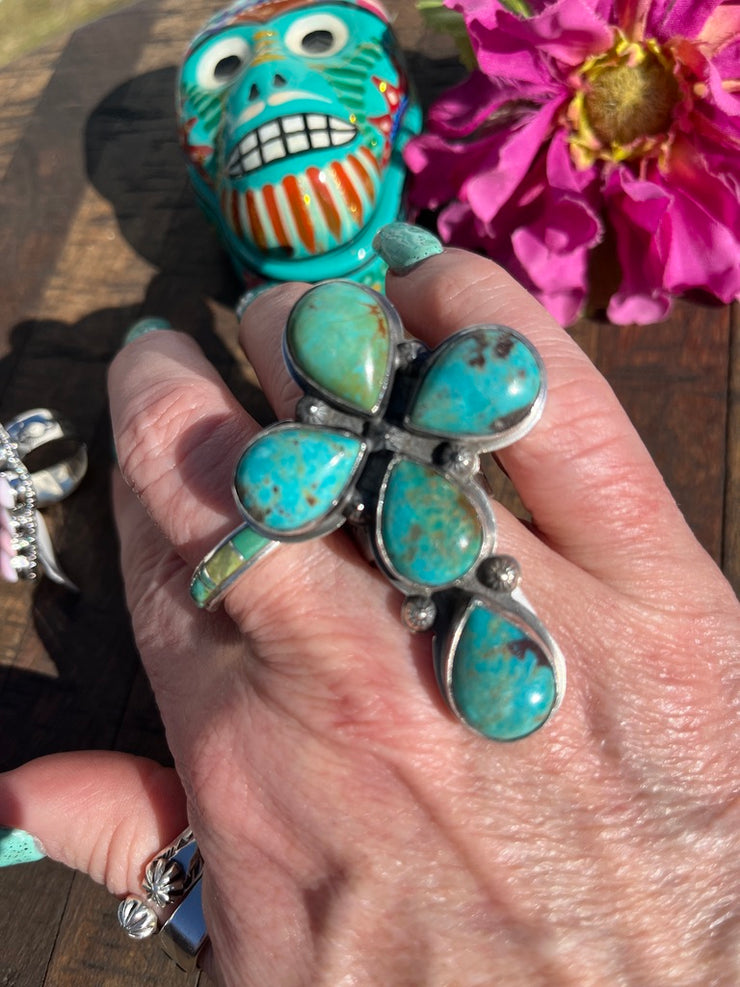 Adjustable Kingman Turquoise Cross Ring #2