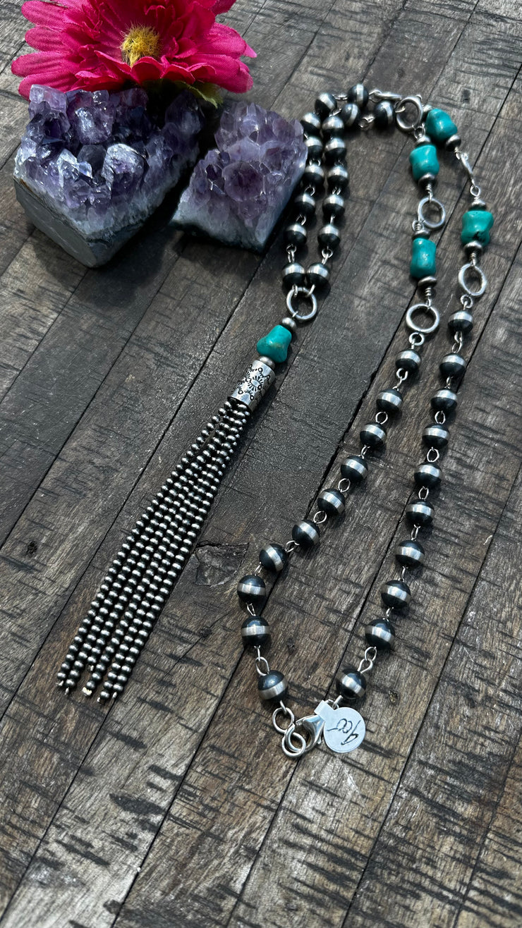 9mm Rosary Pearl and Kingman Tassel Necklace