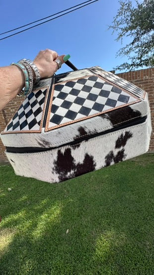 Checkerboard Cowhide and Leather Hat Can