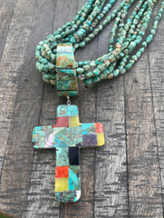Multi Strand Inlay Kingman Cross Necklace