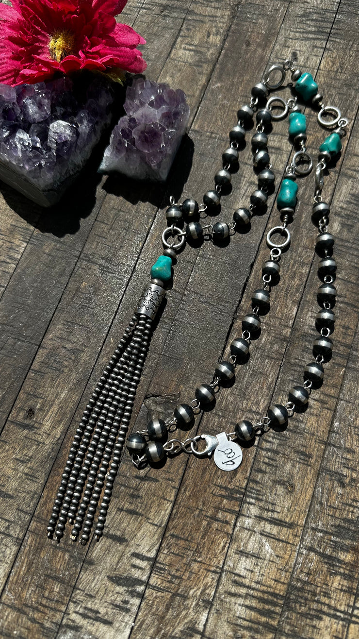 9mm Rosary Pearl and Kingman Tassel Necklace