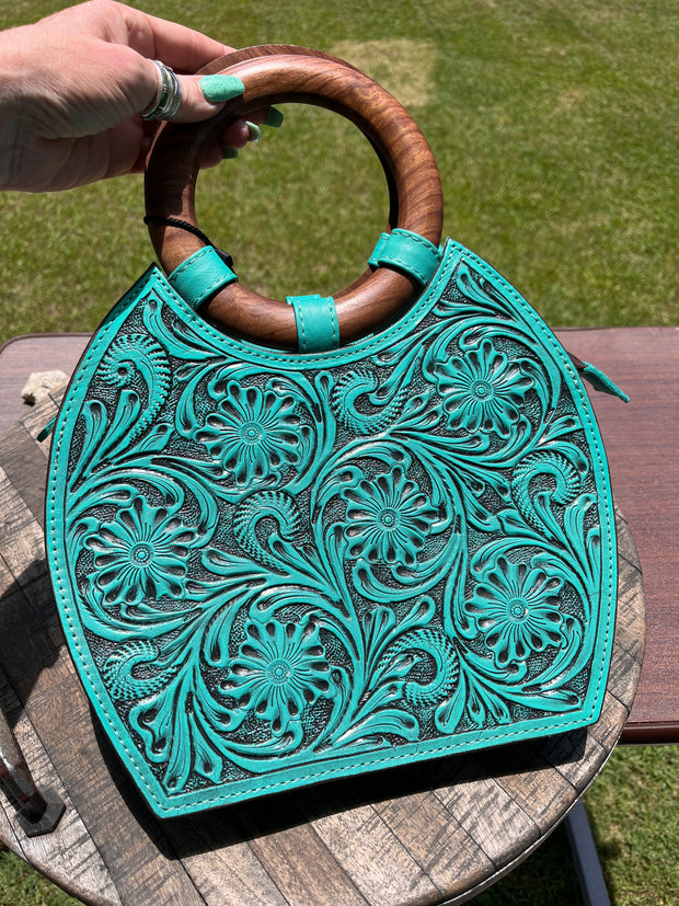 Wooden Handle Turquoise Tooled Bag