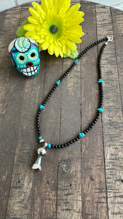 Onyx and Kingman Bead Necklace with Squash Blossom Pendant