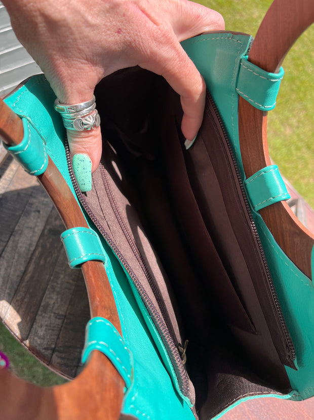 Wooden Handle Turquoise Tooled Bag