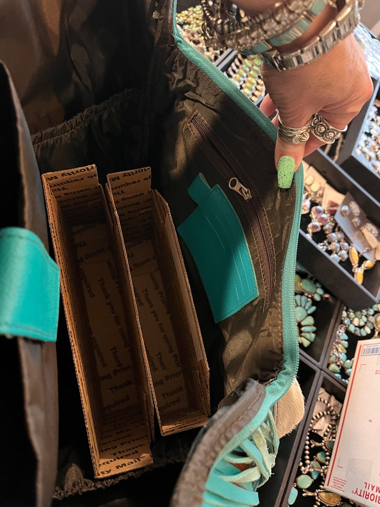 Brown and White Turquoise Fringe and Cowhide Backpack