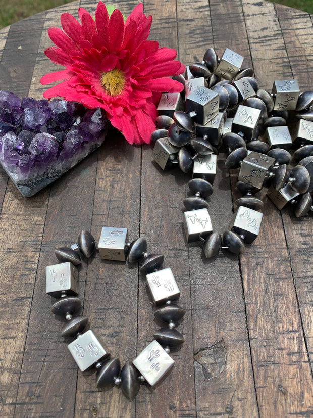 Stamped Cube Pearl Stretchy Bracelets