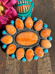 Adjustable Orange Spiny and Kingman Turquoise Cluster Ring