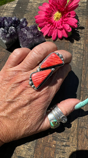 Adjustable 2 Stone Red Spiny Ring