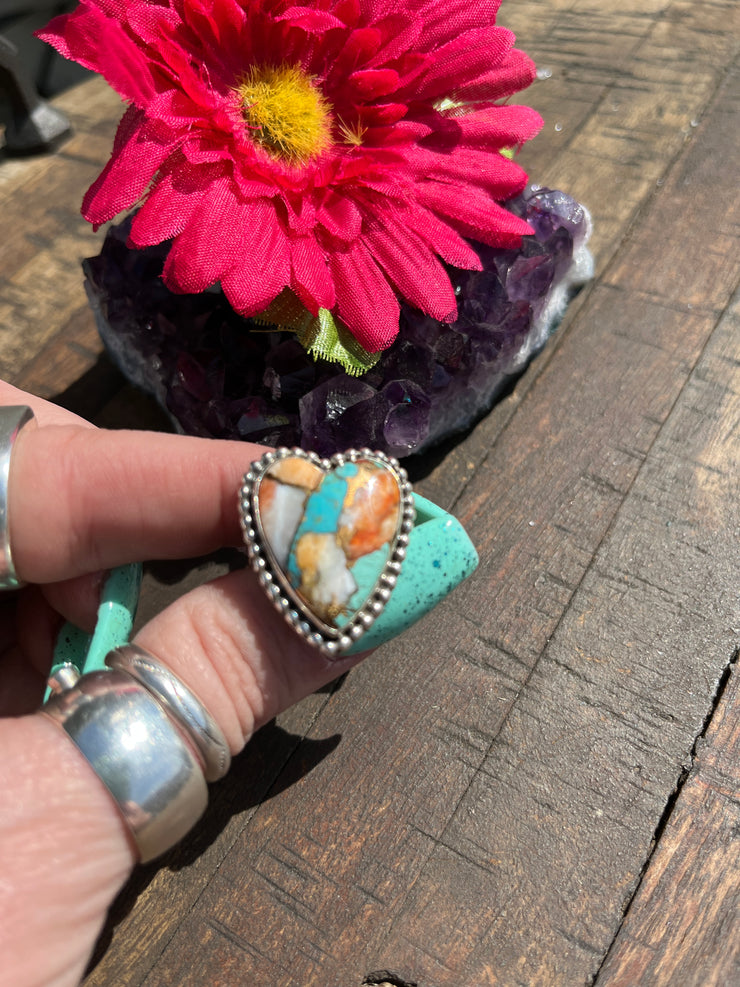 Adjustable Orange Spiny Kingman Heart Ring #1