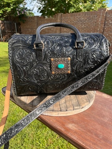XL Tooled Black Concho Duffle Bag