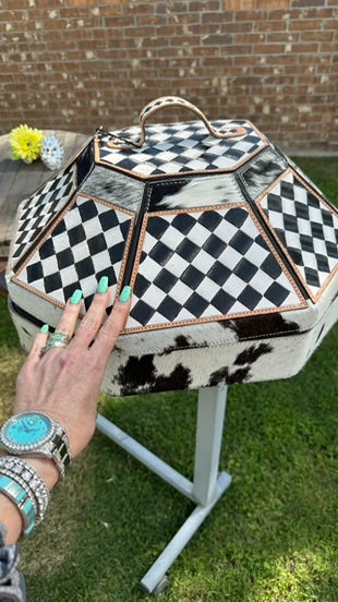 Checkerboard Cowhide and Leather Hat Can