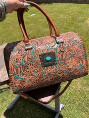 XL Tooled Turquoise and Saddle Concho Duffle Bag