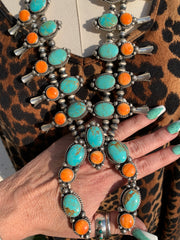 Kingman Turquoise and Orange Spiny Squash Blossom Set