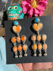 Orange Spiny and Turquoise Heart Earrings