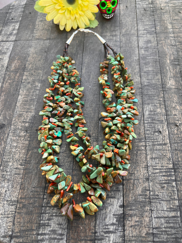 Multi Strand Coral and Kingman Necklace