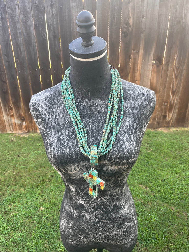 Multi Strand Inlay Kingman Cross Necklace