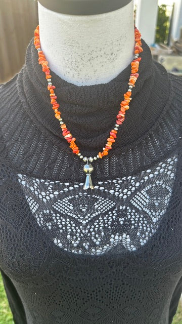 Orange Spiny Bead Necklace with Squash Blossom Pendant