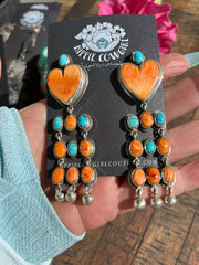 Orange Spiny and Turquoise Heart Earrings