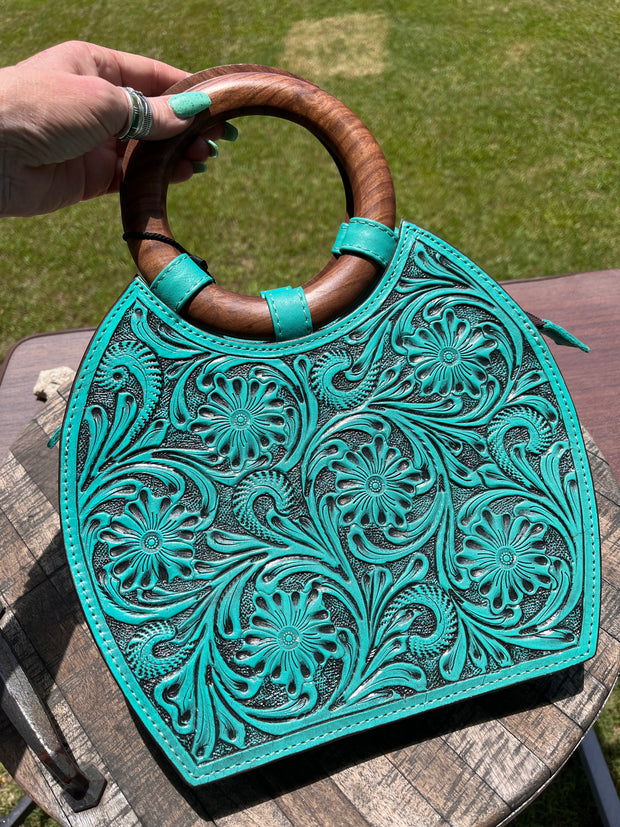 Wooden Handle Turquoise Tooled Bag
