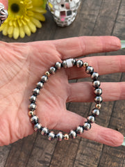 6.5" Stretchy Navajo Style Pearl and Gold Filled Bead Bracelet
