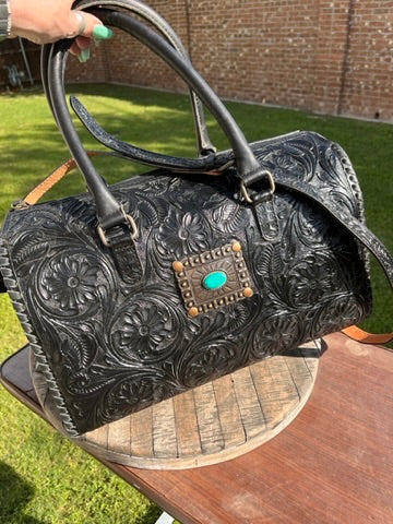 XL Tooled Black Concho Duffle Bag