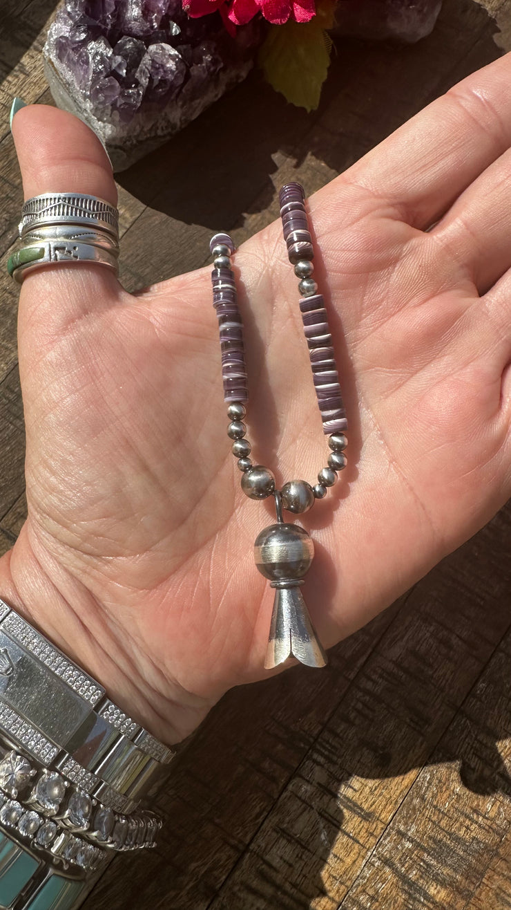 Wampum Shell Bead Necklace with Squash Blossom Pendant