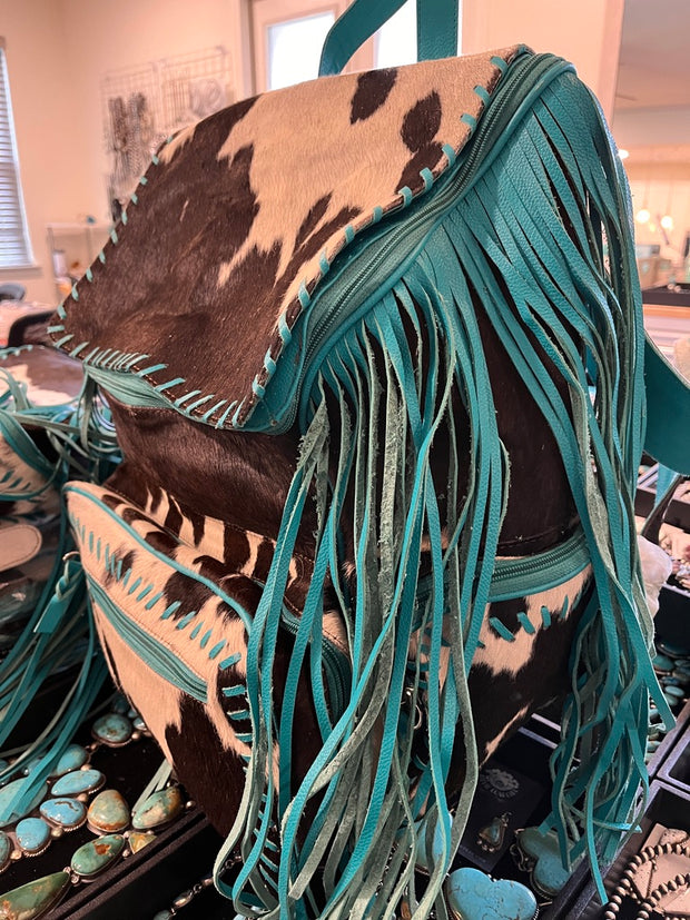 Dark Brown and White Cowhide and Turquoise Fringe  Backpack