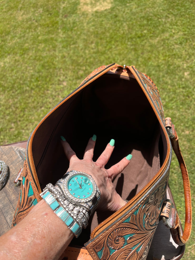 XL Tooled Turquoise and Saddle Concho Duffle Bag