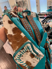 Brown and White Cowhide and Turquoise Backpack