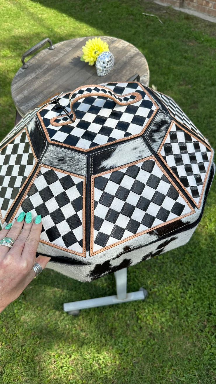 Checkerboard Cowhide and Leather Hat Can
