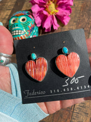 Red Spiny and Turquoise Heart Earrings