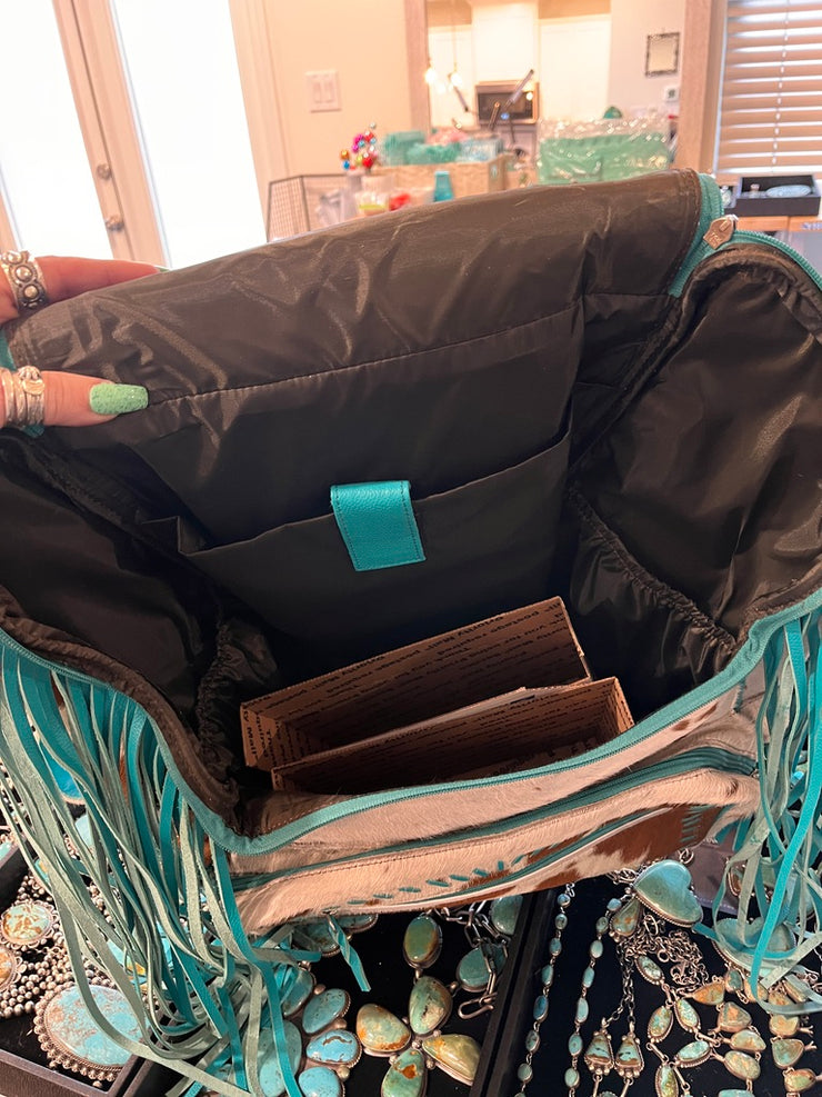 Dark Brown and White Cowhide and Turquoise Backpack