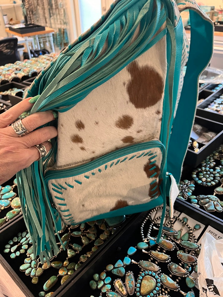 Brown and White Turquoise Fringe and Cowhide Backpack