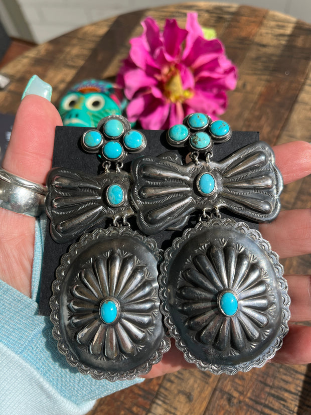 Clip On Large Sterling and Turquoise Concho Earrings #2