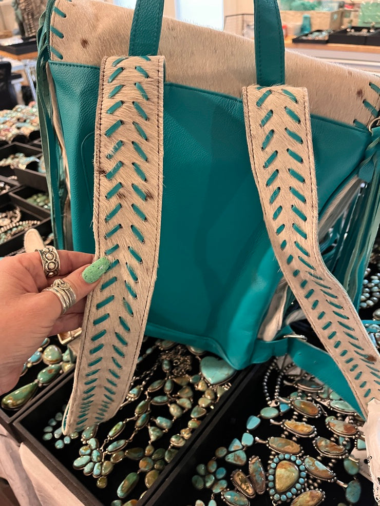 Brown and White Turquoise Fringe and Cowhide Backpack