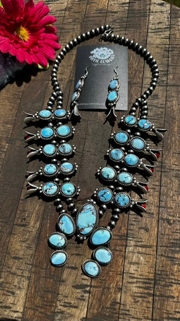 Golden Hills Turquoise and Coral Squash Blossom Set