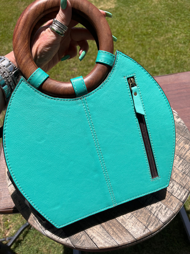Wooden Handle Turquoise Tooled Bag