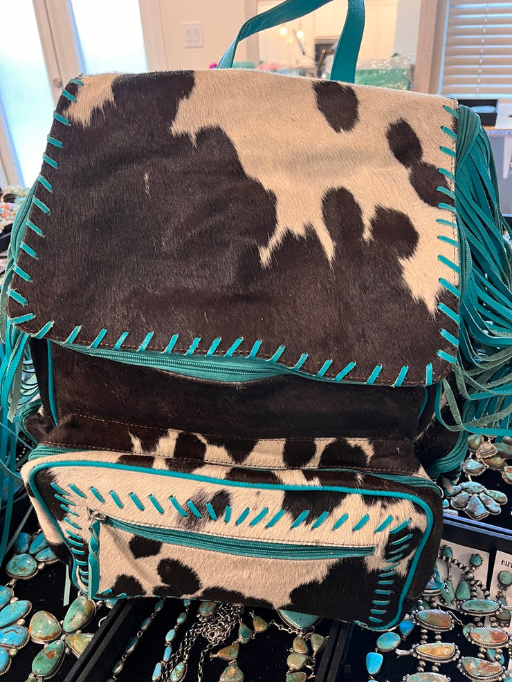 Dark Brown and White Cowhide and Turquoise Fringe  Backpack