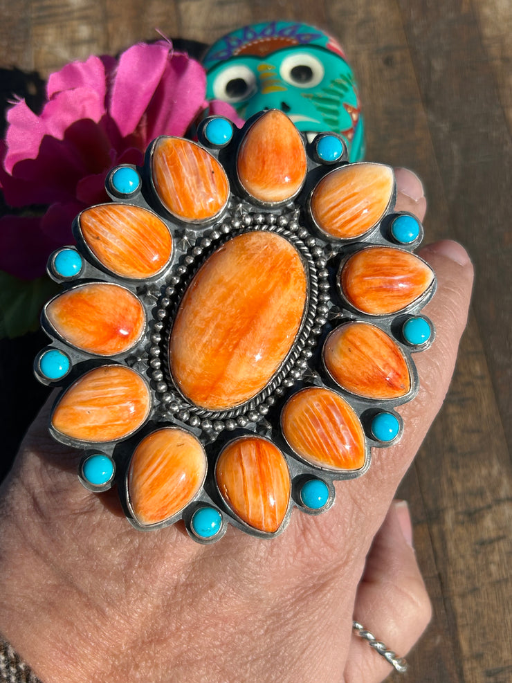 Adjustable Orange Spiny and Kingman Turquoise Cluster Ring