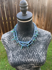 Multi Strand Denim Lapis and Kingman Necklace