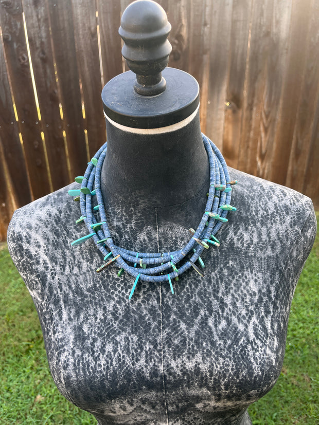Multi Strand Denim Lapis and Kingman Necklace