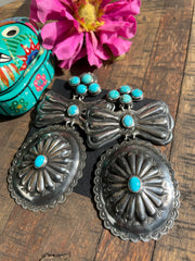 Clip On Large Sterling and Turquoise Concho Earrings #2