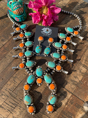 Kingman Turquoise and Orange Spiny Squash Blossom Set