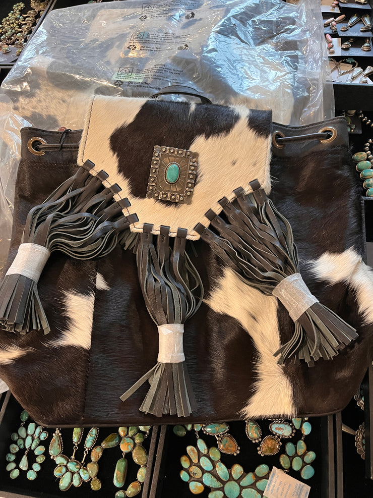 Cowhide and Fringe Concho Backpack- C