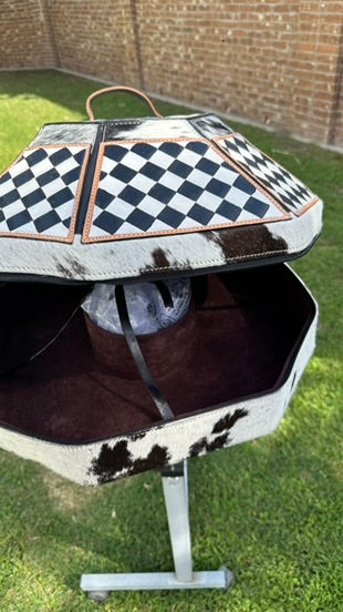 Checkerboard Cowhide and Leather Hat Can