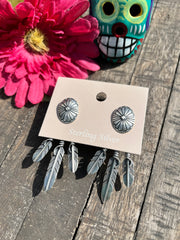 Satin Sterling Concho Feather Jacket Stud Earrings