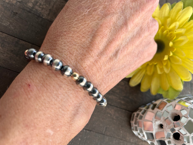 6.5" Stretchy Navajo Style Pearl and Gold Filled Bead Bracelet