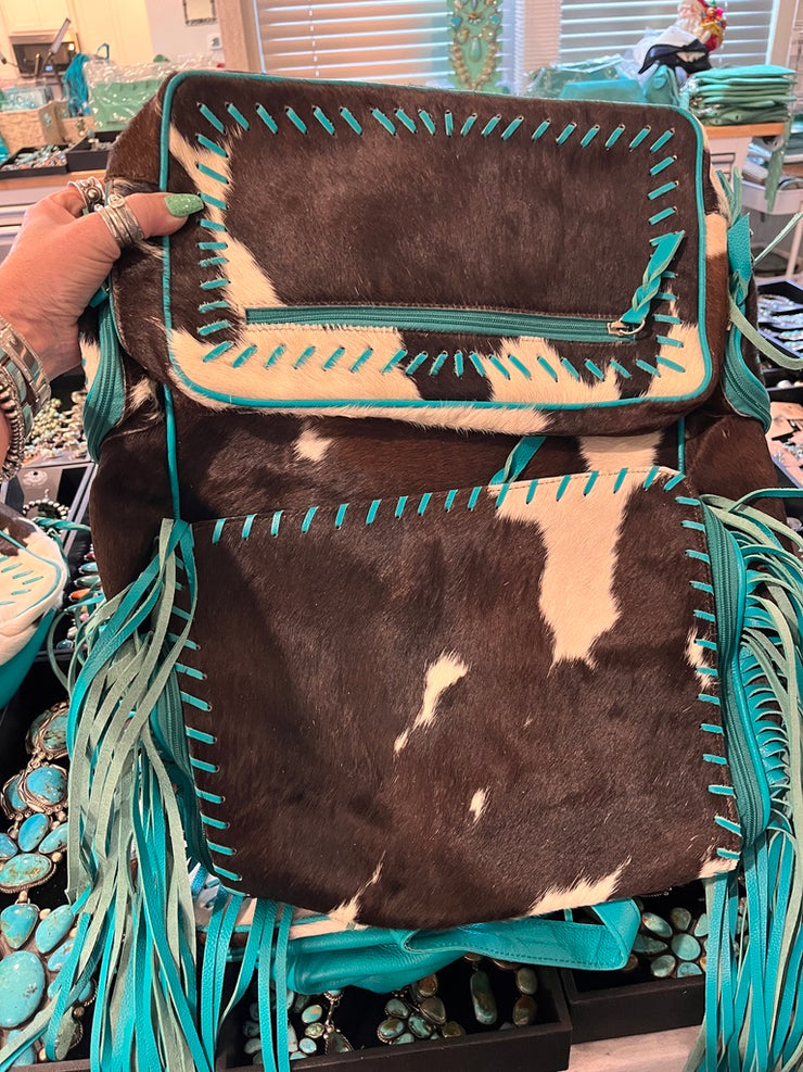 Dark Brown and White Cowhide and Turquoise Fringe Backpack